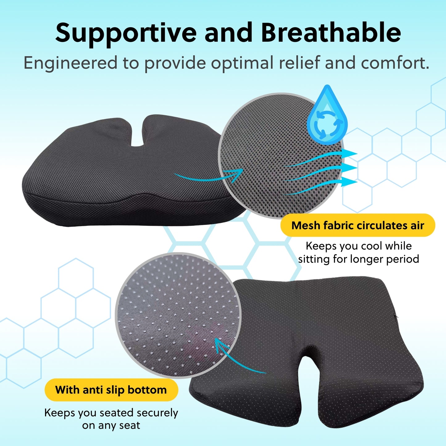 Premium Seat Cushion with Memory Foam and TPE Gel for Cooling Comfort