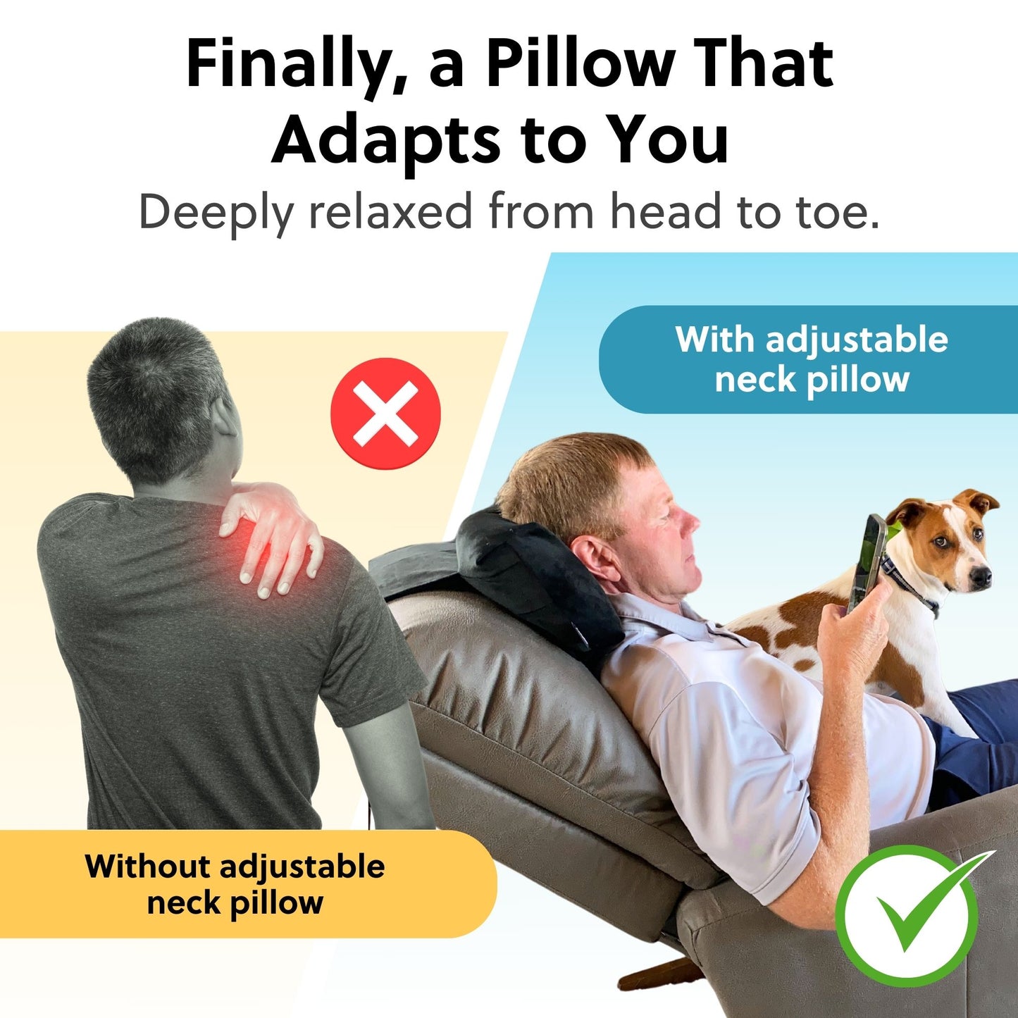 Recliner Neck Pillow - Adjustable Firmness, Non-Slip Bottom, Velcro Attachment, Extra Filling Included, Soft Velvety Cover