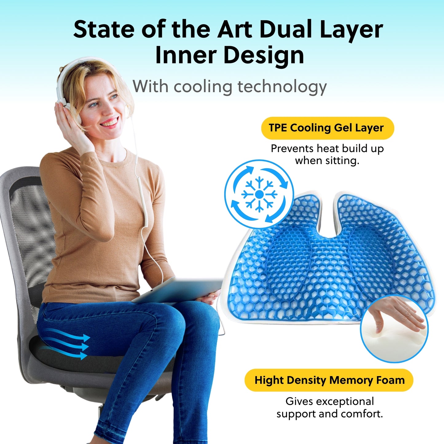 Premium Seat Cushion with Memory Foam and TPE Gel for Cooling Comfort